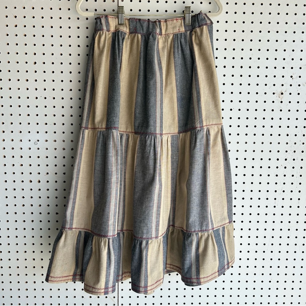 Tiered Midi Skirt in Beige and Blue Stripes Homemade Small